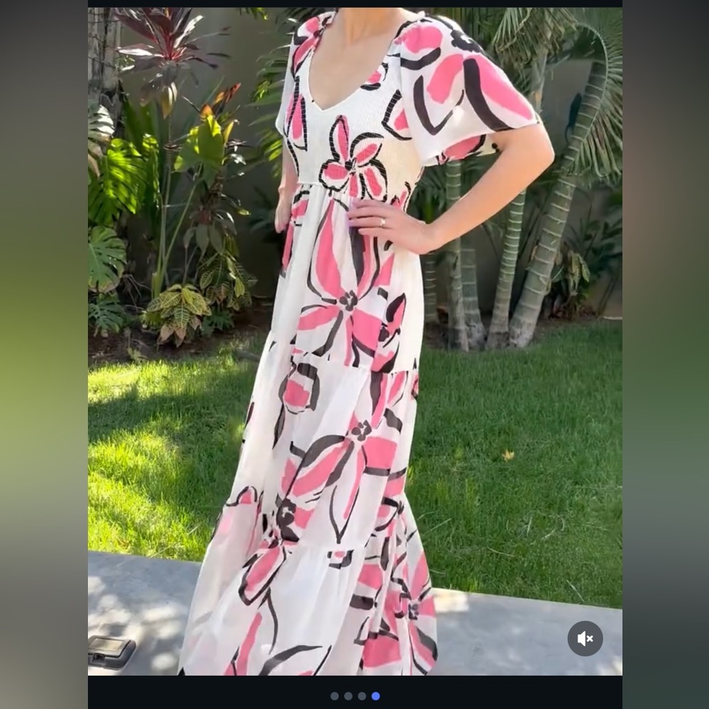 One the Land Floral Maxi Dress - Coral and White with pockets new small